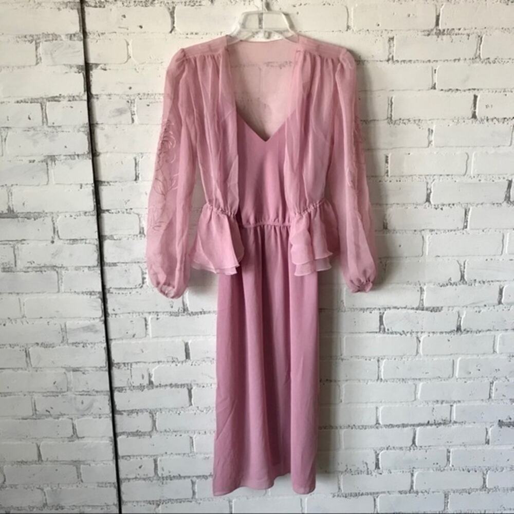 Norman Berg 2 piece 70 Vintage  Slip Dress Retro 1970s Mini Pink Rose Jacket Set